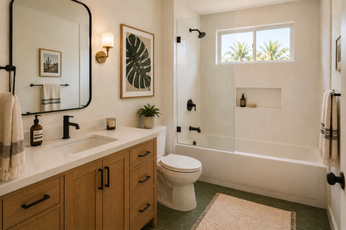 Bathroom with green hexagon tile