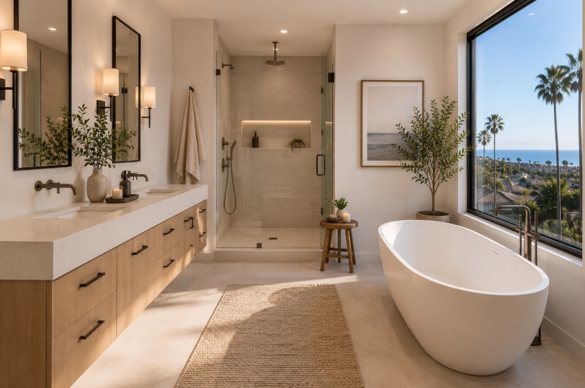 Bathroom with freestanding tub and ocean view