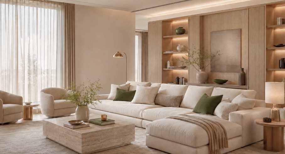 Living room with cream and green accents